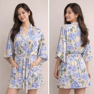 In Bloom by Janquil NWT Floral Kimono Style Robe Blue Green Print Size XL